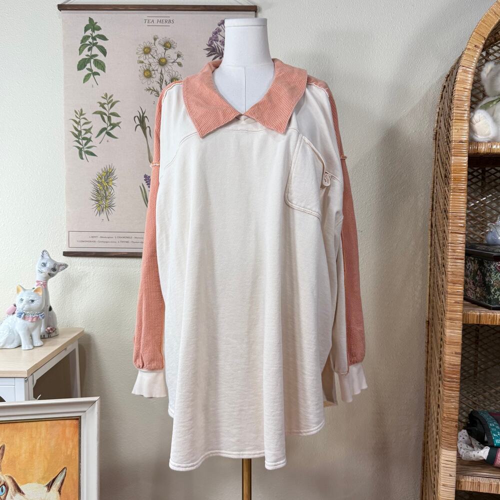 Free People Madeleine Collared Oversized Slouchy Pullover Sweatshirt Preppy M